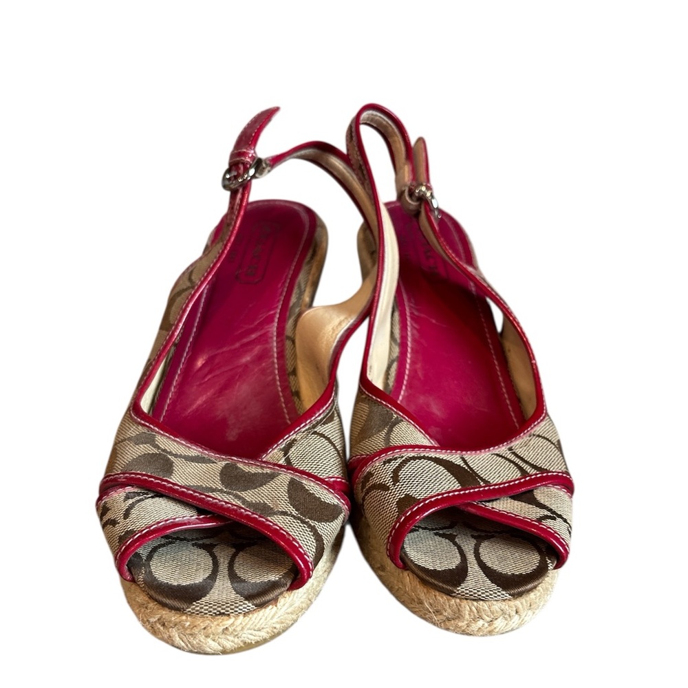 Coach Signature Pink and Tan Wedge Espadrilles - Picture 2 of 7